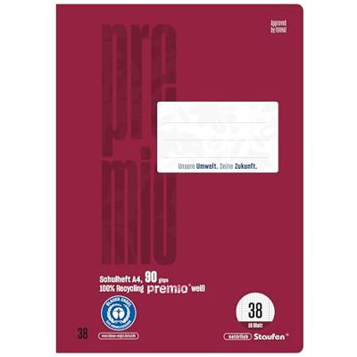 Staufen premio Schulheft 4 Hefte je 16 Blatt, DIN A4, Lineatur 38 (5mm kariert, Rand perforiert), 90 g/m² Recyclingpapier, runde Ecken verhindern „Eselsohren“ Staufen premio Schulheft 4 Hefte je 16 Blatt, DIN A4, Lineatur 38 (5mm kariert, Rand perforiert), 90 g/m² Recyclingpapier, runde Ecken verhindern „Eselsohren“