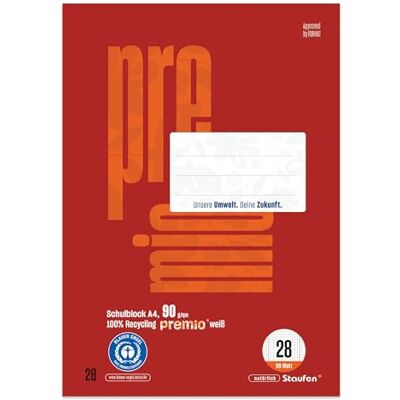 Staufen premio Schulblock 5 Hefte je 50 Blatt, DIN A4, Lineatur 28 (5 mm kariert), 4-fach Lochung, 90 g/m² Recyclingpapier Staufen premio Schulblock 5 Hefte je 50 Blatt, DIN A4, Lineatur 28 (5 mm kariert), 4-fach Lochung, 90 g/m² Recyclingpapier