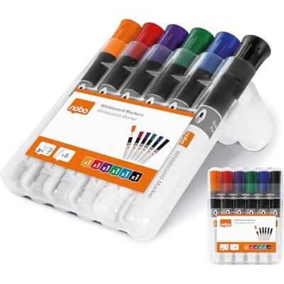 Nobo Whiteboard-Marker – 6er-Pack, mehrere Farben, trocken abwischbar, mit 2–3 mm Rundspitze, geruchsarme Tinte, stabiles Kunststoffetui mit sicherem Verschluss – für zu Hause, Büro & Schule, 1915651 Nobo Whiteboard-Marker – 6er-Pack, mehrere Farben, trocken abwischbar, mit 2–3 mm Rundspitze, geruchsarme Tinte, stabiles Kunststoffetui mit sicherem Verschluss – für zu Hause, Büro & Schule, 1915651