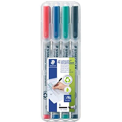 Staedtler Universalstift Lumocolor non-permanent, breite Keilspitze ca. 1,0 2,5 mm, feucht abwischbar, für fast alle Oberflächen, 4 Folienstifte in sortierten Farben, 312 WP4 Staedtler Universalstift Lumocolor non-permanent, breite Keilspitze ca. 1,0 2,5 mm, feucht abwischbar, für fast alle Oberflächen, 4 Folienstifte in sortierten Farben, 312 WP4