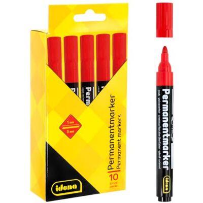 Idena Permanent Marker, 10 Stück in Rot Rundspitze mit Strichstärke 1-3 mm, wasserfest, schnell trocknend, für Karton, Kunststoff, Glas, Holz, Metall, 11568 Idena Permanent Marker, 10 Stück in Rot Rundspitze mit Strichstärke 1-3 mm, wasserfest, schnell trocknend, für Karton, Kunststoff, Glas, Holz, Metall, 11568