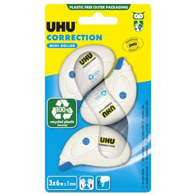 UHU Korrekturroller Mini – schnelles, sauberes und präzises Korrekturband, weiß, 6 m x 5 mm, 3 Stück UHU Korrekturroller Mini – schnelles, sauberes und präzises Korrekturband, weiß, 6 m x 5 mm, 3 Stück