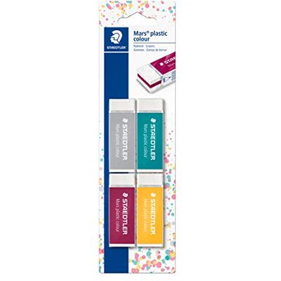 Staedtler Radierer Mars plastic colour, geringe Krümelbildung, Phthalat- und latexfrei, Blisterkarte mit 4 Radierer, 52650E1BK4 Staedtler Radierer Mars plastic colour, geringe Krümelbildung, Phthalat- und latexfrei, Blisterkarte mit 4 Radierer, 52650E1BK4