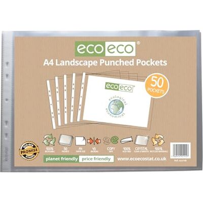 Eco145 Klarsichthüllen, A4, 100% recycelt, Querformat, mehrfach gelocht, glasklar, transparent, 45 Mikrometer (50 Stück) Eco145 Klarsichthüllen, A4, 100% recycelt, Querformat, mehrfach gelocht, glasklar, transparent, 45 Mikrometer (50 Stück)