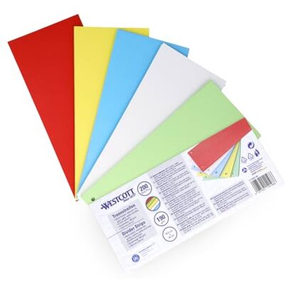 Westcott Trennstreifen 200 Stück Intensivfarben Mix Robuste Heftstreifen 190g/m² für A4 Ordner Trennblätter 10,5 x 24 cm Register mit 2-fach-Lochung für DIN-A4 Dokumente E-733321 00 Westcott Trennstreifen 200 Stück Intensivfarben Mix Robuste Heftstreifen 190g/m² für A4 Ordner Trennblätter 10,5 x 24 cm Register mit 2-fach-Lochung für DIN-A4 Dokumente E-733321 00