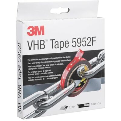 VHB 3M 5952F Montage Klebeband doppelseitig starke und dauerhafte Verbindung von Metallen, pulverbeschichteten Lacken, Glas, versiegeltem Holz, ABS 19mm x 3m, Schwarz, Dicke: 1.1mm (1-er Pack) VHB 3M 5952F Montage Klebeband doppelseitig starke und dauerhafte Verbindung von Metallen, pulverbeschichteten Lacken, Glas, versiegeltem Holz, ABS 19mm x 3m, Schwarz, Dicke: 1.1mm (1-er Pack)