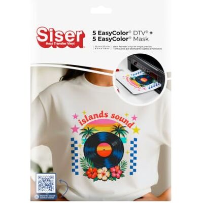 SISER Easy Color DTV Packung 5+5, thermo-transferierbare, mit Inkjet bedruckbare Folie für helle und dunkle Textilien, 5 A4-Blätter Easy Color und 5 A4-Blätter Application Tape SISER Easy Color DTV Packung 5+5, thermo-transferierbare, mit Inkjet bedruckbare Folie für helle und dunkle Textilien, 5 A4-Blätter Easy Color und 5 A4-Blätter Application Tape