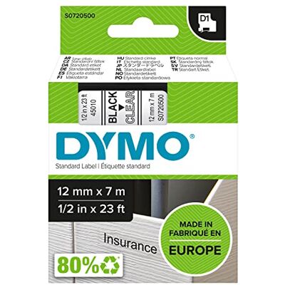 Dymo Original D1-Etikettenband schwarz auf transparent 12 mm x 7 m selbstklebendes Schriftband für LabelManager-Beschriftungsgerät Dymo Original D1-Etikettenband schwarz auf transparent 12 mm x 7 m selbstklebendes Schriftband für LabelManager-Beschriftungsgerät