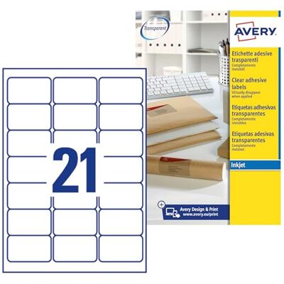 Avery Zweckform J8560-25 Adressetiketten/Adressaufkleber (525 Etiketten, 63,5x38,1mm auf A4, bedruckbar, selbstklebend, für DIN B6/C6 Briefkuverts, Polyesterfolie, Inkjet-Drucker) 25Blatt, transparent Avery Zweckform J8560-25 Adressetiketten/Adressaufkleber (525 Etiketten, 63,5x38,1mm auf A4, bedruckbar, selbstklebend, für DIN B6/C6 Briefkuverts, Polyesterfolie, Inkjet-Drucker) 25Blatt, transparent