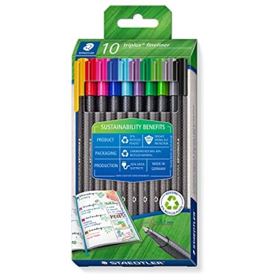 Staedtler dreikantiger Fineliner triplus, aus recyceltem Kunststoff, superfeine, metallgefasste 0,3 mm Spitze, lange Lebensdauer, 10 Fineliner in sortierten Farben im Kartonetui, 334 RC10 Staedtler dreikantiger Fineliner triplus, aus recyceltem Kunststoff, superfeine, metallgefasste 0,3 mm Spitze, lange Lebensdauer, 10 Fineliner in sortierten Farben im Kartonetui, 334 RC10