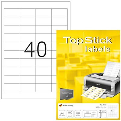 TopStick 8658 Universal Etiketten, 1000 Blatt, 48,5 x 25,4 mm, 40 pro A4 Bogen, 40000 Stück, selbstklebend, bedruckbar, matt, blanko Papier Klebeetiketten Aufkleber, weiß TopStick 8658 Universal Etiketten, 1000 Blatt, 48,5 x 25,4 mm, 40 pro A4 Bogen, 40000 Stück, selbstklebend, bedruckbar, matt, blanko Papier Klebeetiketten Aufkleber, weiß