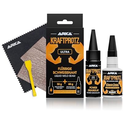 KRAFTPROTZ Flüssige Schweißnaht 2K-Kleber – 110 g XXL Reparatur-Set mit Superkleber + Power-Granulat – wasserfest, hitzebeständig, überlackierbar – für Kunststoff, Metall, Glas, Holz, Gummi, Stein KRAFTPROTZ Flüssige Schweißnaht 2K-Kleber – 110 g XXL Reparatur-Set mit Superkleber + Power-Granulat – wasserfest, hitzebeständig, überlackierbar – für Kunststoff, Metall, Glas, Holz, Gummi, Stein