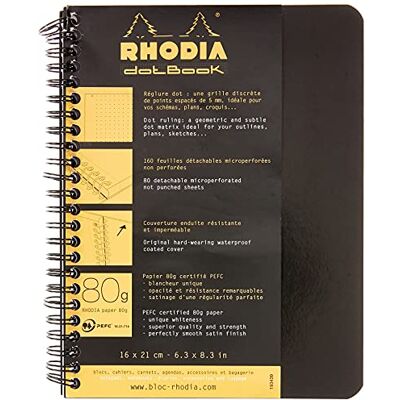 Rhodia 193439C Notizheft / Notebook mit Doppelspirale DIN A5+ 16x21cm 80 Blatt Dot-Lineatur 80g, abtrennbar und mikroperforiert, Schwarz, 1 Stück Rhodia 193439C Notizheft / Notebook mit Doppelspirale DIN A5+ 16x21cm 80 Blatt Dot-Lineatur 80g, abtrennbar und mikroperforiert, Schwarz, 1 Stück
