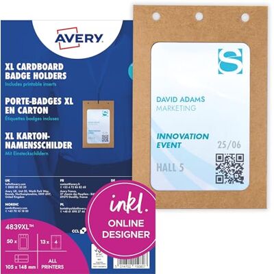 Avery 4839XL Namensschilder für Kleidung 50 Stück (148x105mm, A6 Namenschilder-Taschen inkl. 52 Stück blanko Einsteckschilder, Ausweishüllen aus Karton, Einsteckkarten bedruckbar) weiß Avery 4839XL Namensschilder für Kleidung 50 Stück (148x105mm, A6 Namenschilder-Taschen inkl. 52 Stück blanko Einsteckschilder, Ausweishüllen aus Karton, Einsteckkarten bedruckbar) weiß