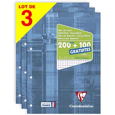 Clairefontaine 65816AMZC Set mit 3 Kursusblöcken, 150 Blatt, 90g, kariert, 4-fach gelocht, 1 Set, Blau Clairefontaine 65816AMZC Set mit 3 Kursusblöcken, 150 Blatt, 90g, kariert, 4-fach gelocht, 1 Set, Blau