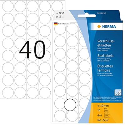 Herma 2257 Verschlussetiketten transparent rund, 640 Stück, Ø 19 mm, 40 pro Bogen, selbstklebend, Sicherheitsetiketten Aufkleber zum Beschriften, matt, blanko Siegel Etiketten aus Folie Herma 2257 Verschlussetiketten transparent rund, 640 Stück, Ø 19 mm, 40 pro Bogen, selbstklebend, Sicherheitsetiketten Aufkleber zum Beschriften, matt, blanko Siegel Etiketten aus Folie