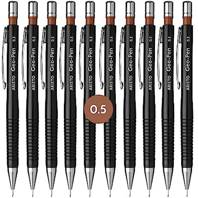 Aristo AR85005 Druckbleistift Geo Pen 0,50 mm (Ergonomisch gerillte Griffzone, gefederte Minenführung, Härtegrad Mine HB, integrierter Radiergummi) schwarz, 10 Stück Aristo AR85005 Druckbleistift Geo Pen 0,50 mm (Ergonomisch gerillte Griffzone, gefederte Minenführung, Härtegrad Mine HB, integrierter Radiergummi) schwarz, 10 Stück
