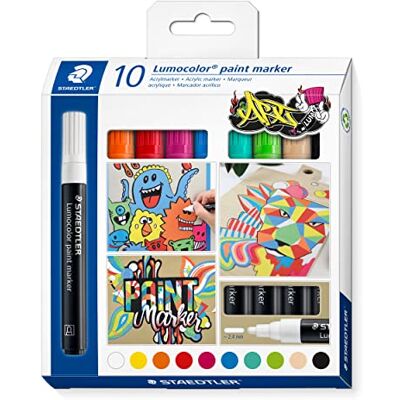 Staedtler Lumocolor 349 Acryl-Marker – 10er-Set, 2,4 mm Rundspitze, permanent auf Papier, Glas, Metall & Holz – wasserbasiert – Art.-Nr. 349 C10 Staedtler Lumocolor 349 Acryl-Marker – 10er-Set, 2,4 mm Rundspitze, permanent auf Papier, Glas, Metall & Holz – wasserbasiert – Art.-Nr. 349 C10