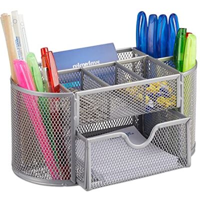Relaxdays Schreibtischorganizer, Büroablage mit Stiftehaltern & Schublade, Metall Mesh, HBT: 10,5 x 22 x 11 cm, silber Relaxdays Schreibtischorganizer, Büroablage mit Stiftehaltern & Schublade, Metall Mesh, HBT: 10,5 x 22 x 11 cm, silber