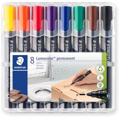 Staedtler permanent Marker Lumocolor, wisch- und wasserfest, blockierte Rundspitze, Linienbreite 2mm, sekundenschnell trocken, nachfüllbar, 8 Marker in sortierten Farben, 352 WP8 Staedtler permanent Marker Lumocolor, wisch- und wasserfest, blockierte Rundspitze, Linienbreite 2mm, sekundenschnell trocken, nachfüllbar, 8 Marker in sortierten Farben, 352 WP8