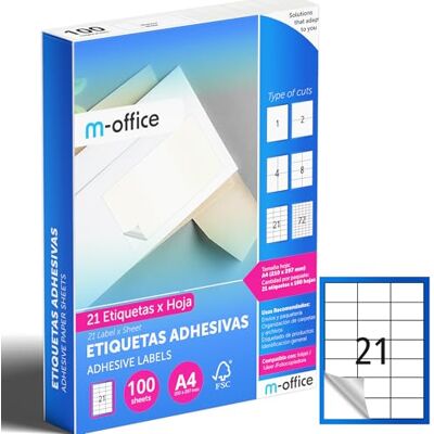 m-office Klebeetiketten zum Beschriften – Selbstklebende Etiketten zum Bedrucken, spülmaschinenfest, ideal für Haushalt und Gewerbe (21 Etiketten pro Blatt, 100 Blatt) m-office Klebeetiketten zum Beschriften – Selbstklebende Etiketten zum Bedrucken, spülmaschinenfest, ideal für Haushalt und Gewerbe (21 Etiketten pro Blatt, 100 Blatt)