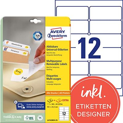 Avery Zweckform L4743REV-25 Universal Etiketten (300 plus 60 Klebeetiketten extra, 99,1x42,3mm auf A4, wieder rückstandsfrei ablösbar/abziehbar, bedruckbar, selbstklebende Aufkleber) 30 Blatt, weiß Avery Zweckform L4743REV-25 Universal Etiketten (300 plus 60 Klebeetiketten extra, 99,1x42,3mm auf A4, wieder rückstandsfrei ablösbar/abziehbar, bedruckbar, selbstklebende Aufkleber) 30 Blatt, weiß