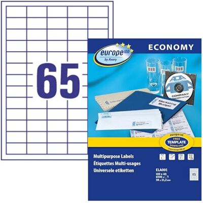 europe 100 Mehrzweck-Etiketten, selbstklebend, 38 x 21,2 mm, Weiß, 6500 Stück europe 100 Mehrzweck-Etiketten, selbstklebend, 38 x 21,2 mm, Weiß, 6500 Stück