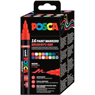 POSCA 184016 Marker Brush Pen Set, 16 Acrylstifte mit Pinselspitze, PC-5BR Pinselstifte für fast jede Oberfläche POSCA 184016 Marker Brush Pen Set, 16 Acrylstifte mit Pinselspitze, PC-5BR Pinselstifte für fast jede Oberfläche