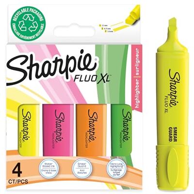 Sharpie Fluo XL Textmarker Keilspitze verschiedene leuchtende fluoreszierende Farben 4 Stück Textmarker Set Sharpie Fluo XL Textmarker Keilspitze verschiedene leuchtende fluoreszierende Farben 4 Stück Textmarker Set