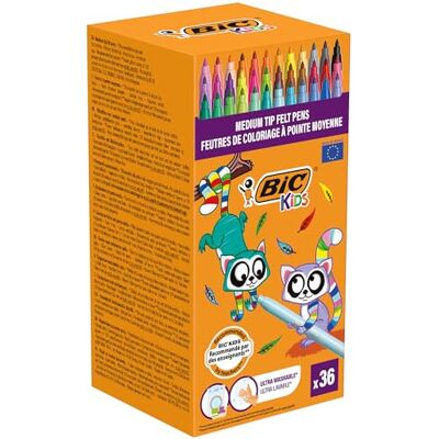BIC Kids Kid Couleur Filzstifte, 36 Farben, Wasserlöslich, Mittlere Spitze, Ab 5 Jahren BIC Kids Kid Couleur Filzstifte, 36 Farben, Wasserlöslich, Mittlere Spitze, Ab 5 Jahren