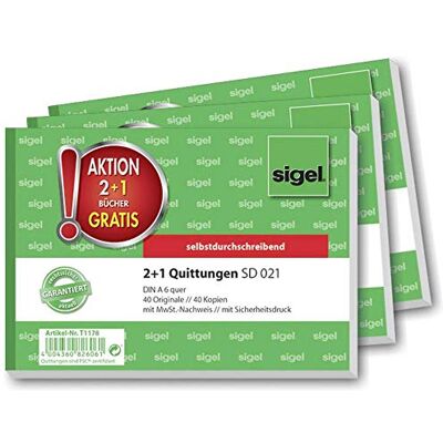 Sigel Quittungsblock A6 quer 3 Stück 2x40 Blatt T1178, Standardquittung wie SD021, selbstdurchschreibend und mikroperforiert Sigel Quittungsblock A6 quer 3 Stück 2x40 Blatt T1178, Standardquittung wie SD021, selbstdurchschreibend und mikroperforiert