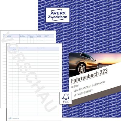 Avery 223 Softcover Fahrtenbuch PKW (Finanzamt anerkannt, DIN A5 210x148mm, 80 Seiten 858 Fahrten, Deutschland & Österreich, Abgrenzung privater/geschäftlicher Fahrten) 1 Stück Avery 223 Softcover Fahrtenbuch PKW (Finanzamt anerkannt, DIN A5 210x148mm, 80 Seiten 858 Fahrten, Deutschland & Österreich, Abgrenzung privater/geschäftlicher Fahrten) 1 Stück