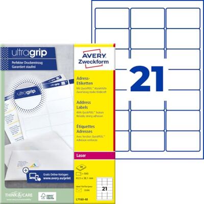 Avery L7160-40 Adressetiketten/Adressaufkleber (840 Etiketten mit ultragrip, 63,5x38,1mm auf A4, bedruckbar, selbstklebend, für DIN B6/C6 Briefkuverts, Papier matt) 40 Blatt, weiß Avery L7160-40 Adressetiketten/Adressaufkleber (840 Etiketten mit ultragrip, 63,5x38,1mm auf A4, bedruckbar, selbstklebend, für DIN B6/C6 Briefkuverts, Papier matt) 40 Blatt, weiß