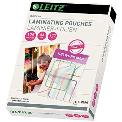 Leitz Heißlaminierfolien A6 125 mic, Hochwertige Laminierfolien im 100er Pack, mit abgerundeten Ecken, transparent, glänzend, ideal für Postkarten, 33806 Leitz Heißlaminierfolien A6 125 mic, Hochwertige Laminierfolien im 100er Pack, mit abgerundeten Ecken, transparent, glänzend, ideal für Postkarten, 33806