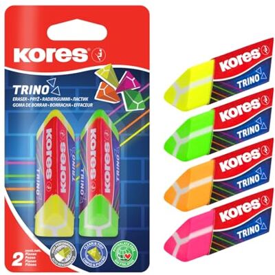 Kores Trino: Farbiger Dreieckiger PVC Radierer mit Papierschleife für Kinder, Studenten und Erwachsene, ungiftig und kinderfreundlich, Schul- und Bürobedarf, 60 x 20 x 18 mm, 2 Stück Packung Kores Trino: Farbiger Dreieckiger PVC Radierer mit Papierschleife für Kinder, Studenten und Erwachsene, ungiftig und kinderfreundlich, Schul- und Bürobedarf, 60 x 20 x 18 mm, 2 Stück Packung