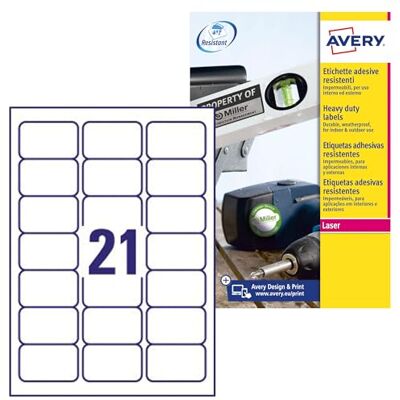 Avery Italia L7060-20 Klebeetiketten aus Polyester, weiß, 20 Blatt A4, rechteckig, 63,5 x 38,1 mm, 21 Etiketten pro Blatt, permanent haftend, Laserdrucker Avery Italia L7060-20 Klebeetiketten aus Polyester, weiß, 20 Blatt A4, rechteckig, 63,5 x 38,1 mm, 21 Etiketten pro Blatt, permanent haftend, Laserdrucker