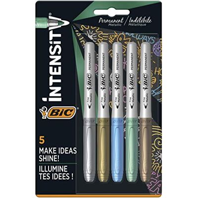 BIC Intensity BIC Metallische Permanentmarker — 5er-Pack — verschiedene metallische Farben — für dunkle und helle Oberflächen — geruchsarm (verschiedene Modelle) BIC Intensity BIC Metallische Permanentmarker — 5er-Pack — verschiedene metallische Farben — für dunkle und helle Oberflächen — geruchsarm (verschiedene Modelle)