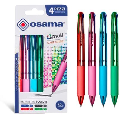OSAMA 4 Multi – Set Druckkugelschreiber 4 Farben 4 Stück 4-Farben-Kugelschreiber 0,1 mm mit schwarzer, blauer, roter und grüner Tinte Ideal für Schreib- und Schulbedarf, Universität, Büro, Verchromter OSAMA 4 Multi – Set Druckkugelschreiber 4 Farben 4 Stück 4-Farben-Kugelschreiber 0,1 mm mit schwarzer, blauer, roter und grüner Tinte Ideal für Schreib- und Schulbedarf, Universität, Büro, Verchromter
