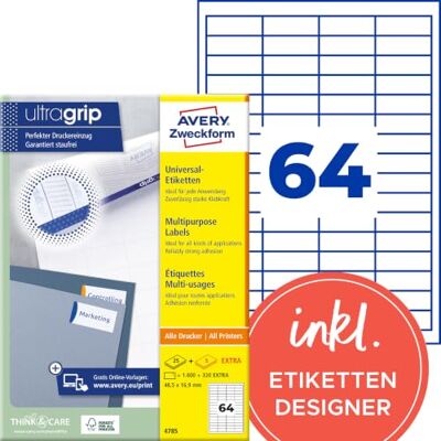 Avery 4785 Universal Etiketten (1.600 plus 320 Klebeetiketten extra, 48,5x16,9mm auf A4, Papier matt, individuell bedruckbar, selbstklebende Aufkleber mit ultragrip) 30 Blatt, weiß Avery 4785 Universal Etiketten (1.600 plus 320 Klebeetiketten extra, 48,5x16,9mm auf A4, Papier matt, individuell bedruckbar, selbstklebende Aufkleber mit ultragrip) 30 Blatt, weiß