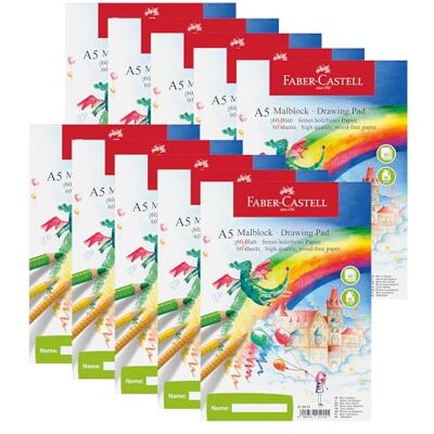 Faber-Castell 212051 Malblock DIN A5, 10 Blöcke je 60 Blatt 80 g/m² Papier, Zeichenblock für Zeichnen, Malen und Skizzieren Faber-Castell 212051 Malblock DIN A5, 10 Blöcke je 60 Blatt 80 g/m² Papier, Zeichenblock für Zeichnen, Malen und Skizzieren