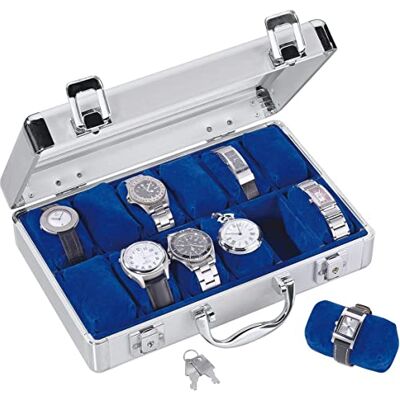 SAFE 265 ALU Uhrenaufbewahrungsbox Herren mit 12 Uhren-Schmuckhalter in königsblauem Samt abschließbare Uhren Box mit Glasdeckel und abnehmbaren Uhrenkissen SAFE 265 ALU Uhrenaufbewahrungsbox Herren mit 12 Uhren-Schmuckhalter in königsblauem Samt abschließbare Uhren Box mit Glasdeckel und abnehmbaren Uhrenkissen
