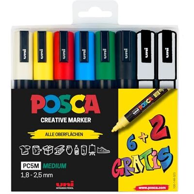 POSCA 186826 Marker Set, 8er Etui Acrylstifte PC-5M, 1.8 2.5 mm, 6 Standardfarben + 2 wechselnde Sonderfarben POSCA 186826 Marker Set, 8er Etui Acrylstifte PC-5M, 1.8 2.5 mm, 6 Standardfarben + 2 wechselnde Sonderfarben