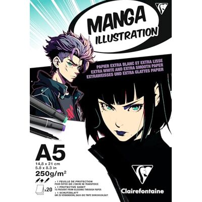 Clairefontaine 976162C Zeichenblock Malblock Manga Illustration, DIN A5 14,8x21 cm, geleimt, 20 Blatt 250g, extraweiß, 1 Stück Clairefontaine 976162C Zeichenblock Malblock Manga Illustration, DIN A5 14,8x21 cm, geleimt, 20 Blatt 250g, extraweiß, 1 Stück