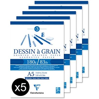 Clairefontaine 96626C Packung mit 5 Blöcken geleimt Zeichenpapier gekörnt, 30 Blatt DIN A5, 180g, weiß, 1 Pack Clairefontaine 96626C Packung mit 5 Blöcken geleimt Zeichenpapier gekörnt, 30 Blatt DIN A5, 180g, weiß, 1 Pack