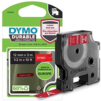 Dymo Original D1 Hochleistungs-Etikettenband weiß auf rot 12 mm x 3 m permanent haftendes Vinyl-Schriftband für LabelManager-Beschriftungsgerät Dymo Original D1 Hochleistungs-Etikettenband weiß auf rot 12 mm x 3 m permanent haftendes Vinyl-Schriftband für LabelManager-Beschriftungsgerät