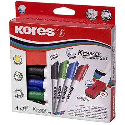 Kores K-Marker XW1: Bunte Whiteboard Marker mit Rundspitze, trocken abwischbar und nahezu geruchslose Tinte, Schul- und Bürobedarf, Set aus 4 Sortierten Farben + 1 Magnetlöschschwamm Kores K-Marker XW1: Bunte Whiteboard Marker mit Rundspitze, trocken abwischbar und nahezu geruchslose Tinte, Schul- und Bürobedarf, Set aus 4 Sortierten Farben + 1 Magnetlöschschwamm