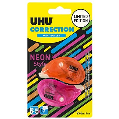 UHU Korrekturroller Neon Mini – Korrekturband schnell, sauber und präzise, weiß, 2 Stück, 6 m x 5 mm UHU Korrekturroller Neon Mini – Korrekturband schnell, sauber und präzise, weiß, 2 Stück, 6 m x 5 mm