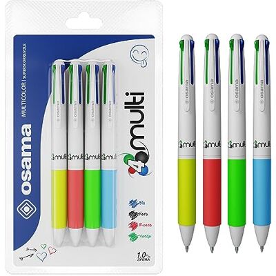 OSAMA 4 Multi – Set Druckkugelschreiber4-Farben, 4 Stück 4-Farben-Kugelschreiber, 0,1 mm, mit schwarzer, blauer, roter und grüner Tinte, ideal für Schreib- und Schulbedarf, Universität und Büro OSAMA 4 Multi – Set Druckkugelschreiber4-Farben, 4 Stück 4-Farben-Kugelschreiber, 0,1 mm, mit schwarzer, blauer, roter und grüner Tinte, ideal für Schreib- und Schulbedarf, Universität und Büro