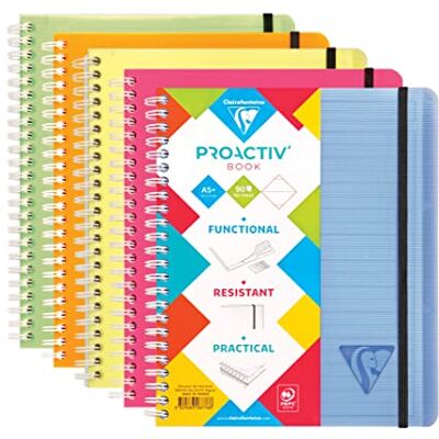 Clairefontaine 328776C Heft Proactiv'Book DIN A5+ 16x21 cm, 90 Blatt, liniert mit Rand und Kopfleiste, abtrennbar, Einband aus PP, Gummizugverschluß, farbig sortiert, 1 Stück Clairefontaine 328776C Heft Proactiv'Book DIN A5+ 16x21 cm, 90 Blatt, liniert mit Rand und Kopfleiste, abtrennbar, Einband aus PP, Gummizugverschluß, farbig sortiert, 1 Stück