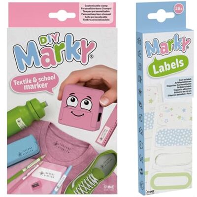COLOP MARKY Stempel Set in Rosa, mit schwarzer Tinte zum Beschriften verschiedener Gegenstände und Kleidung, inkl. Aufbügeletiketten Set, 28 Stück iron-on Labels, je 7 Motive COLOP MARKY Stempel Set in Rosa, mit schwarzer Tinte zum Beschriften verschiedener Gegenstände und Kleidung, inkl. Aufbügeletiketten Set, 28 Stück iron-on Labels, je 7 Motive